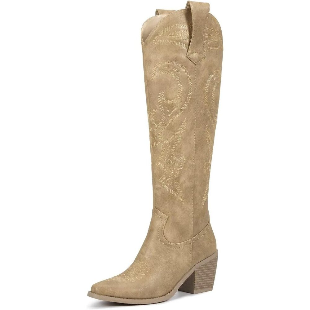 Women's Tan Knee High Cowgirl Boots Zipper Convenience Comfort Fashion Casual